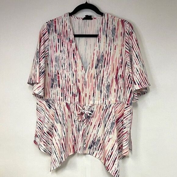 Heyson Blouse Womens Small Pink White Tie Dye Tie Front Short Sleeve V Neck - Picture 1 of 9